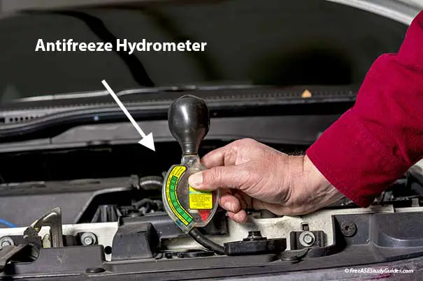 Mechanic using a hydrometer to check the battery specific gravity