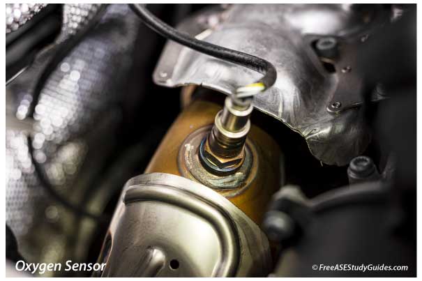 An oxygen sensor measuring oxygen content in the exhaust stream.