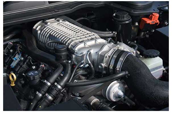 A supercharged V-8 engine.